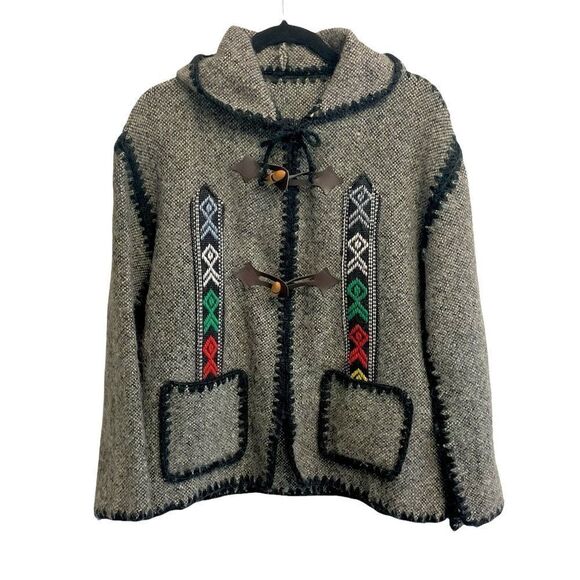 HANDMADE Peruvian Alpaca Wool Jacket Toggle Buttons Ethnic Details Hood Gray XL - Picture 1 of 9